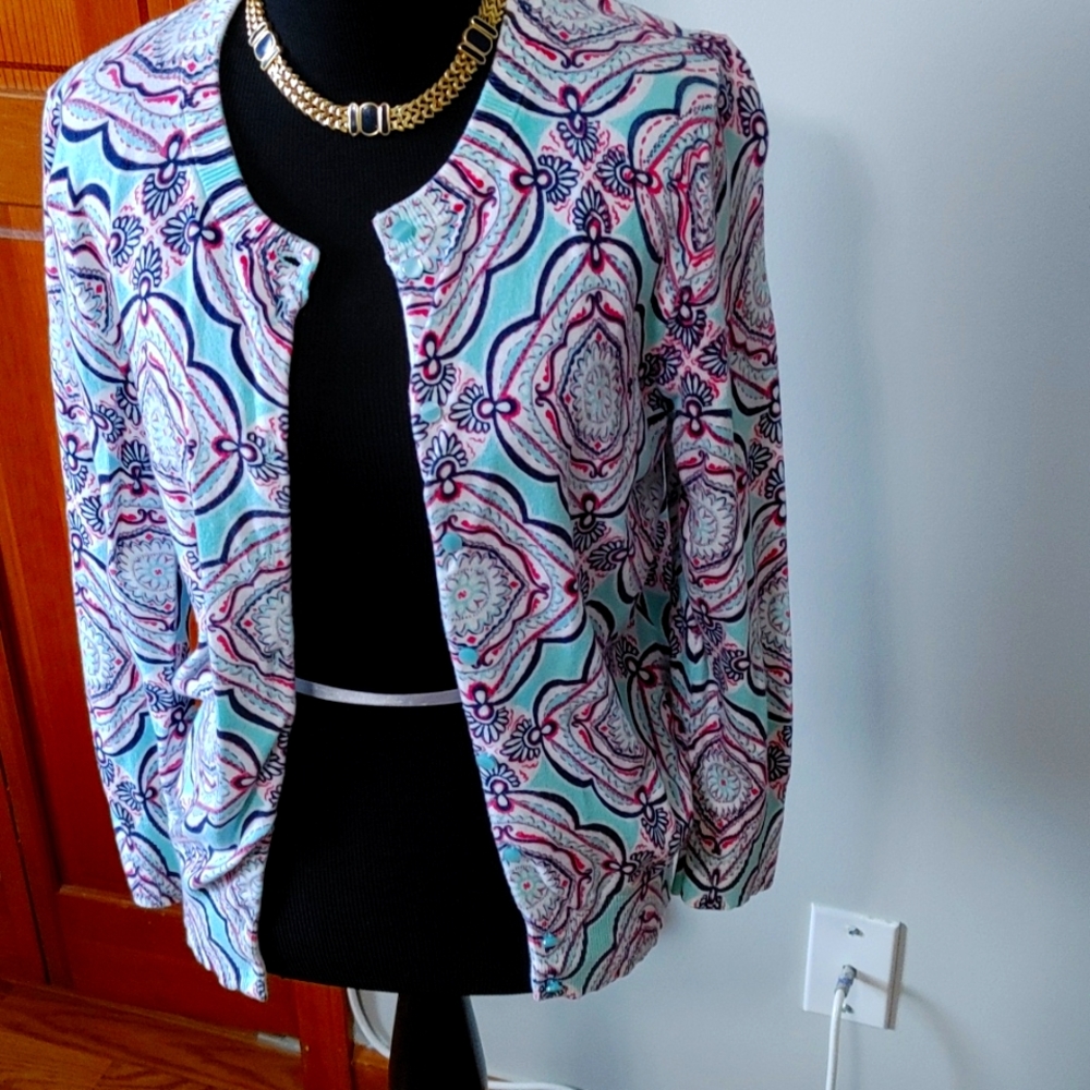 Like new Crown and Ivy mint, pink, navy and white colored sweater